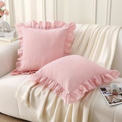 Pink/White Plaid Ruffle Throw Pillow Covers Farmhouse Checkered Gingham 20"x20" Vintage Washed Cotton Pillow Shams for Couch,Sofa,Bed and Living Room