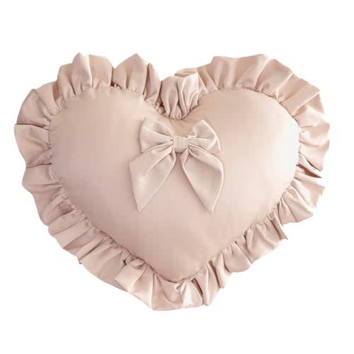 MOJUN Heart Pillow, Cute Soft Heart Shaped Throw Pillow Ruffle Love Bow Pillow Decorative Pillows Cushion for Couch Sofa Living Room Bed Chair Wedding Gifts Pillows, Champagne