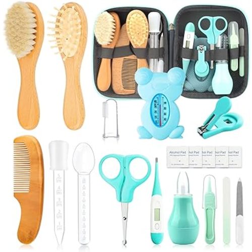 Baby Healthcare and Grooming Kit, Baby Wooden Hair Brush and Comb Set,Health Care Set with Hair Brush Scale Measuring Spoon Nail Clippers (19pcs, Green)