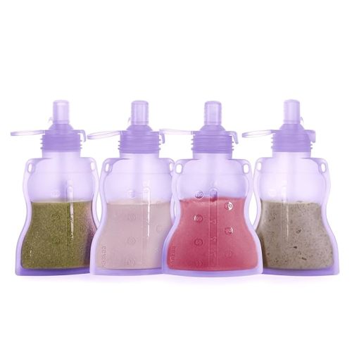 haakaa Reusable Baby Food Pouches Refillable Baby Squeeze Silicone Yummy Pouch, Soft Reusable Squeeze Storage Food Pouch for Kids Toddler,Home Made Food Puree,Smoothie Pouch Bag, 4oz, 4 Pack,6m+