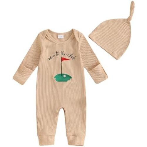 Newborn Baby Boy Golf Outfit New to The Club Oneise Golf Romper Rib Knit Jumpsuit with Hat Fall Coming Home Outfit