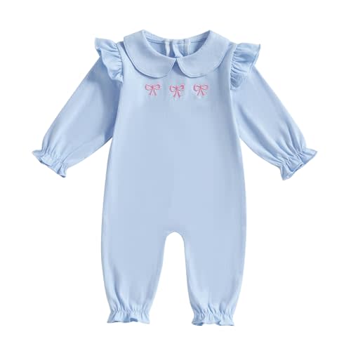 Filgriox Newborn Girl Long Sleeve Jumpsuit Bow Print Peter Pan Collar Ruffle Romper Playsuit Baby One Piece Outfit