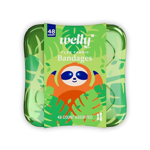Welly Bandages | Adhesive Flexible Fabric Bravery Badges | Assorted Shapes for Minor Cuts, Scrapes, and Wounds | Colorful and Fun First Aid Tin | Pets Patterns - 48 Count