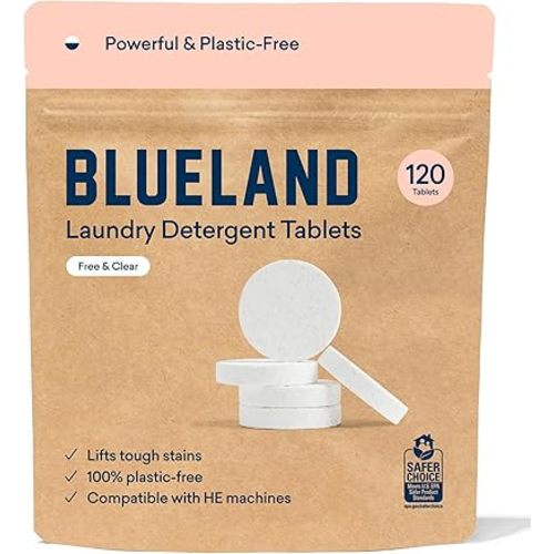 BLUELAND Laundry Detergent Tablets, 120 Count, Unscented Plastic-Free Eco-Friendly Pods, Sheets, Liquid Alternative - Natural, Gentle, Non Toxic