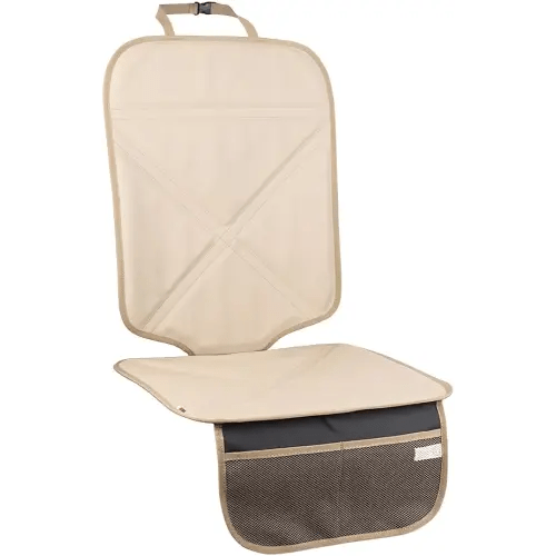 Car Seat Protector Leather Waterproof Child Safety Seat Protector Cover with Thick Pad and 2 Large Pockets Durable Kick Mat for All Auto Seat (Beige)