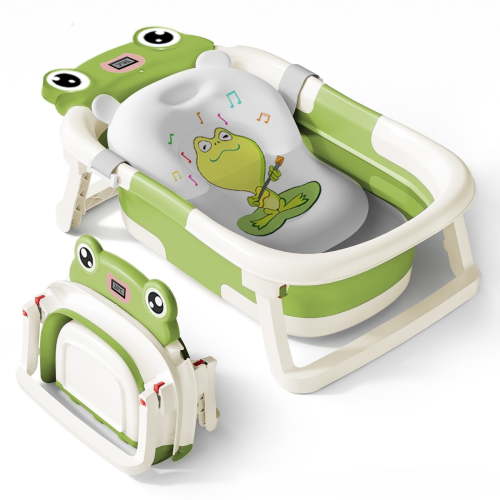 Babyomi Baby Bathtub Portable Baby Tub with Cute Bear Thermometer and Showerhead Holder, Bath Tub Thermostatic Drain Plug and No-Slip Feet Design to Newborn, Green