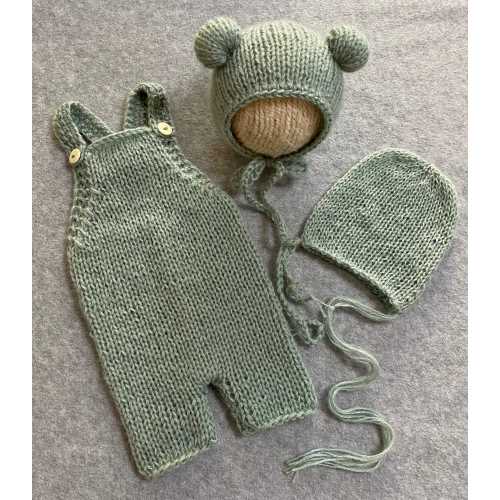 Knit mohair romper Bear hat Bonnet Newborn romper Photo prop Sage green newborn set Newborn photo prop Knit romper set Newborn photography