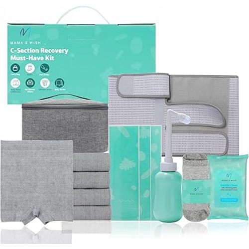 Mama & Wish C-Section Recovery Kit Must Haves - Postpartum Essentials 12-Piece Set with Belly Binder, No-Shower Wipes, Silicone Scar Patches, Peri Bottle, Underwear, Grip Socks & Toiletry Bag