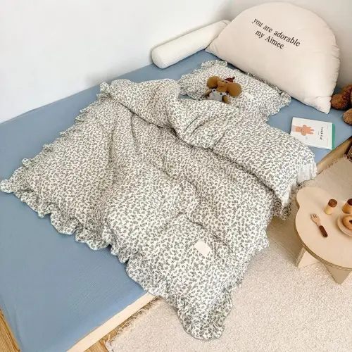 BuLuTu Chic Shabby Floral Girls Boys Duvet Cover Twin Size, Blue Flower Print Kids Duvet Cotton Muslin Soft Breathable Ruffled Quilt Cover Children Bedding, Zipper Closure