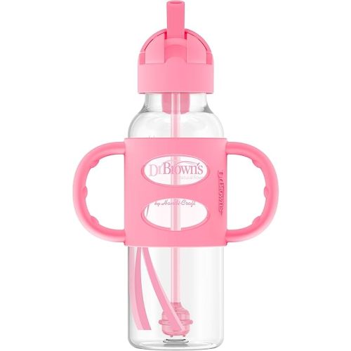 Dr. Brown's Milestones Narrow Sippy Straw Bottle, Spill-Proof with 100% Silicone Handles and Weighted Straw, 8 oz/250 mL, Pink, 6m+