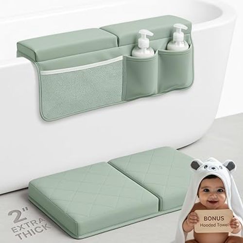 Bornealand® 2" Extra Thick Baby Bath Kneeler and Elbow Rest Pad Set + Hooded Towel - Embroidered Kneeling Pad for Bathing Baby - Dual-Layer Memory Foam Bathtub Kneeler and Elbow Rest Set