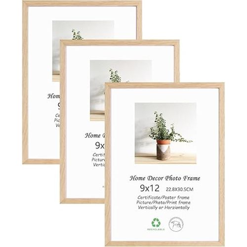 LYYYXGYP 9x12 Picture Frame Set of 3 Natural Solid Oak Wooden Photo Frames Beige Wood Poster Frames with Plexiglass for Wall and Tabletop Display