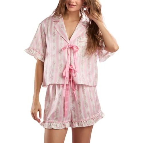 Womens Cute Bow Tie Front Pajamas Summer Y2k Floral Pjs 2 Piece Outfits Puff Sleeve Shirt Ruffle Lounge Shorts Sets