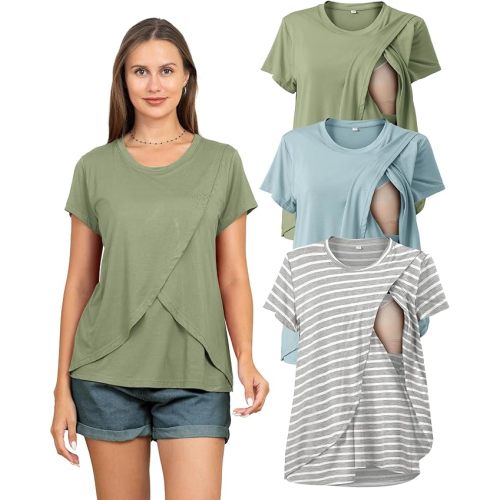 Rnxrbb 3 Pack Women's Nursing Tops for Breastfeeding Summer Short Sleeve T Shirts Postpartum Double Layer Clothes