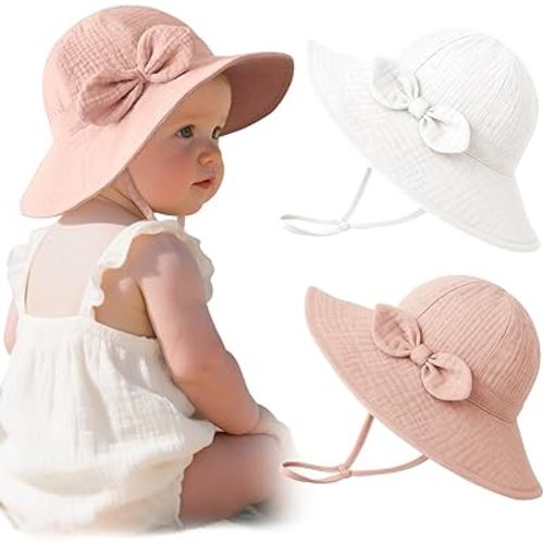 Konssy Muslin Baby Sun Hat 2-Pack, UPF 50+ Sun Protection Wide Brim Summer Beach Hat, Bucket Hat for Girls and Boys