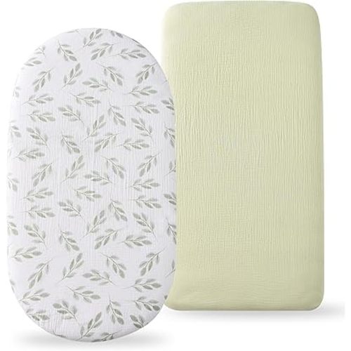 Organic Cotton Muslin Bassinet Sheets, 2 Pack – Soft, Breathable, Universal Fit for Oval, Rectangle & Hourglass Mattresses, Machine Washable, Neutral Colors for Baby Boys & Girls