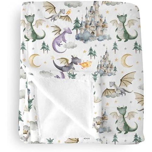 Baby Boy Girl Blankets Dragon Tale Castle, Watercolor Green Moon Clouds Stars Tree Soft Lightweight Nursery Receiving Swaddle, Flannel Newborn Infant Toddler Crib Bedding Kids Gift 30 x 40