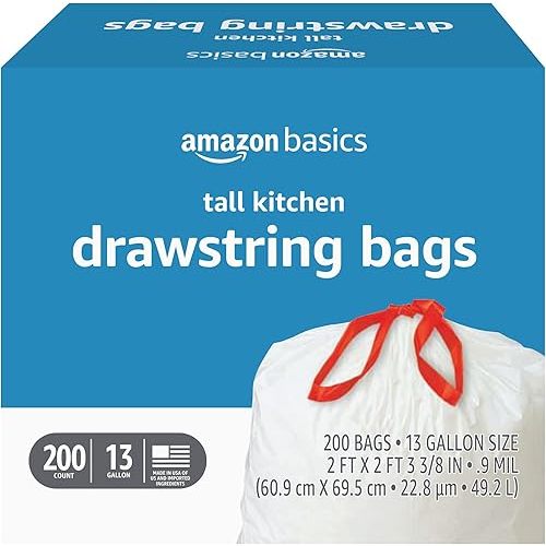 Amazon Basics Trash Bags, Tall Kitchen Drawstring, Unscented, 13 Gallon, 200 Count, Pack of 1