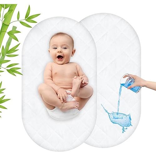 100% Waterproof Baby Bassinet Mattress Pad Cover Protector Compliable with Graco Sense2Snooze Bassinet, Oval Bassinet Mattress Cover, Breathable and Comfortable, 30" x 15", 2 Pack