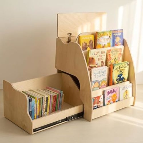 Montessori Bookshelf for Toddlers - Kids Front Facing Book Shelf with Hidden Drawer - Wooden Bookcase, Top Toy Storage Compartment (Left Sided Drawer)