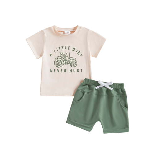 Toddler Baby Boy Summer Clothes Set 6 12 18 24 Months 2T 3T 4T Tractor Letter Print Short Sleeve T-Shirt Elastic Waist Solid Shorts Outfit Sets