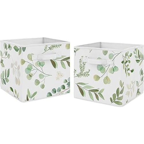 Sweet Jojo Designs Floral Leaf Foldable Fabric Storage Cube Bins Boxes Organizer Toys Kids Baby Childrens - Set of 2 - Green and White Boho Watercolor Botanical Woodland Tropical Garden