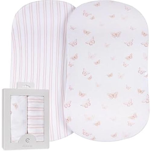Ely’s & Co. Bassinet Sheets, Baby Girl Fitted Bassinet Mattress Sheet Set - 2 Pack, 100% Jersey Knit Cotton, fits Oval, Hourglass and Rectangle Mattress, Pink Butterly + Stripe, 32”x16”x3”