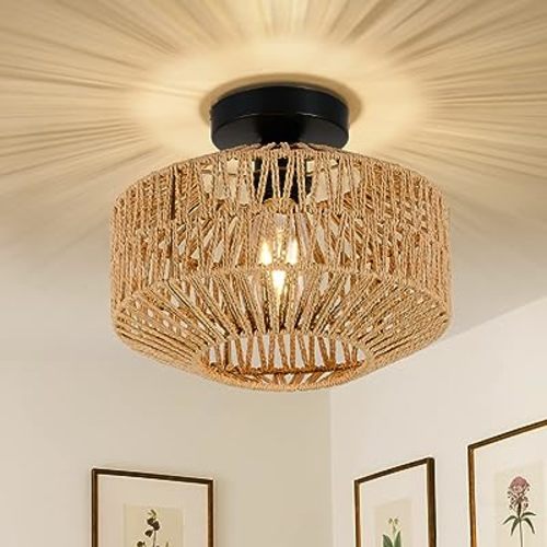 Boho Light Fixtures Ceiling Mount,Rattan Ceiling Light Fixture with Dimmable LED Bulb,Mini Hand Woven Chandelier Light Fixtures Ceilingfor Hallway Bedroom Kitchen Entryway Living Room(Grey)