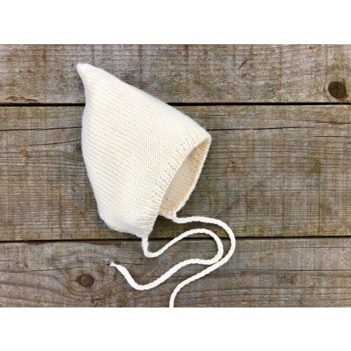 White alpaca merino baby girl pixie bonnet Knit wool kidS Spring infant hat Preemie String ties Newborn baby girl Photo baby clothes Shower