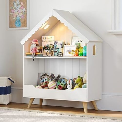 Kids Dollhouse Bookshelf, Wooden Bookcase Storage with Motion-Activated Light, 2-Tier Open Display Organizer for Toys and Books, Baby Bookshelf for Birthday, Christmas, White
