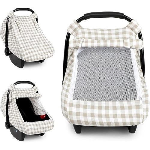 DILIMI Car Seat Covers for Babies, Muslin Cotton Baby Car Seat Cover with Breathable Mesh Window, Summer Infant Car Seat Canopy for Boys Girls Newborn, Khaki Checkered