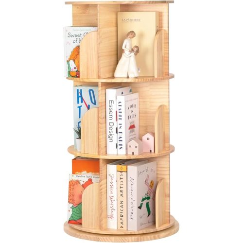 Solid Wood Rotating Bookshelf for Kids, Spinning Bookshelf Tower with Large Capacity for Small Space, 360° Display 3 Tier Thick Corner Shelf with Texture for Bedroom, Reading Room, Living Room