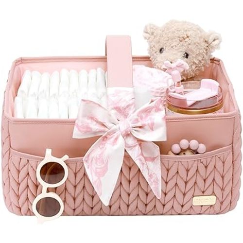 Luxurious Baby Diaper Caddy, Nursery Storage Basket for Newborn Boy and Girl, Travel Baby Basket for Diapers Baby Wipes, Organizer Tote Bag Storage Bin, Baby Shower Gifts(dusty rose)