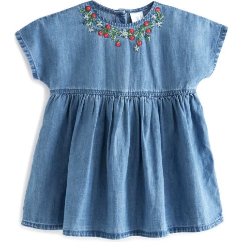 Toddler & Little Girl Kids' Strawberry Embroidered Denim Dress, Indigo