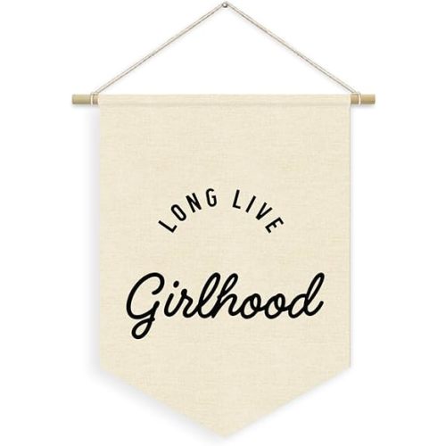 Girls Room Decor, Long Live Girlhood Linen Canvas Banner, Minimalist Girl Nursery Wall Hanging Pennant Flag Banner for Girl Toddler Kids Room Bedroom Dorm Decor, 15x11in