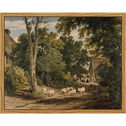InSimSea Framed Canvas Wall Art Vintage Decor, Room Decor Classical Countryside Landscape Watercolor Painting Canvas Prints Wall Art for Living Room Badroom Farmhouse Bathroom Decor, 8"x10"