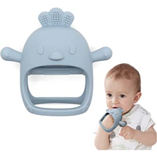 Chick Shape Baby Teething Toys, Never Drop Hand Wrist Teether, Baby Chew Toys for Sucking Needs, Food-Grade Silicone Baby Mitten Teether for Soothing Teething Pain Relief, Easy to Grip (Dusty Blue)