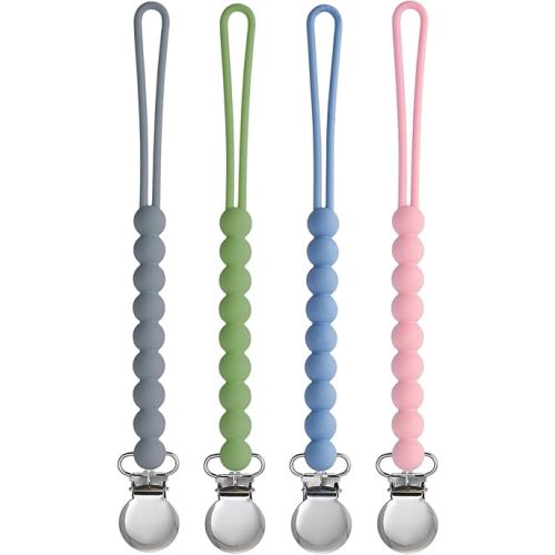 Pacifier Clip for Boys Girls - MORIBOX 4 Pack Paci Clip Soothie Baby Binky Holder for Shower Gift Birthday (Dgrey+Dgreen+Blue+Lpink)