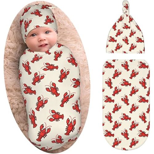 Red Lobsters Crawfish Baby Stuff Swaddle Blanket with Beanie Set, Soft and Stretchy Newborn Blanket Swaddle Sack for Boy and Girl