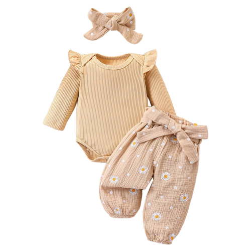 Zanarzt Toddler Girls Clothes Outfits Set Baby Girl Clothes Girl Outfits Long Sleeve Ruffle Romper Floral Pants Headband Set Beige,0-3 Months