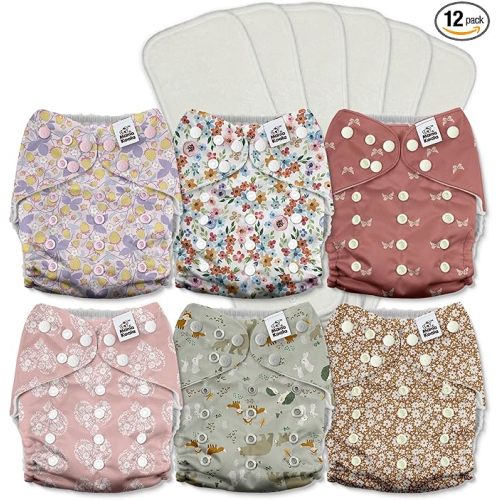 Mama Koala 3.0 Pocket Cloth Diapers for Babies with AWJ Lining, 6 Pack with 6 5-Layer Natural Cloth Diaper Inserts - Reusable and Washable Pocket Diapers(A-Wild Flowers)