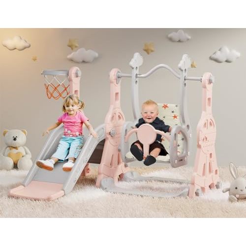 BIERUM 4 in 1 Toddler Slide and Swing Set, Baby Slide for Toddlers Age 1-2, with Basketball Hoop, Indoor Outdoor Slide Playset Toddler Playground Pink