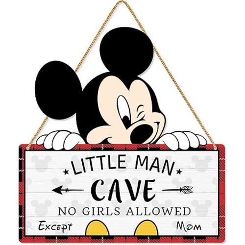 Little Man Cave Wooden Hanging Wall Sign, Mouse Wood Hanging Sign for Boy's Room Decoration, Baby Boy Nursery Door Sign Decor For Toddlers Kids Bedroom Red & Black Buffalo Plaid