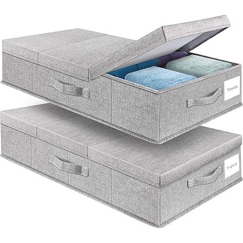 Underbed Storage Containers Bin with Lids (Set of 2) Large Under Bed Storage Organizer Box with Handle, Foldable Under the Storage Bags for Organizing Clothes, Shoes, Blankets, Pillows-Grey