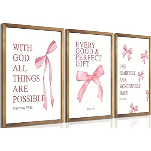 JBZDD Coquette Pink Bow Posters Set of 3, Inspirational Bible Wall Art Verses Decor Pictures Prints Coquette Aesthetic for Girls Room College Apartment Living Room Bedroom Unframed 16x24In