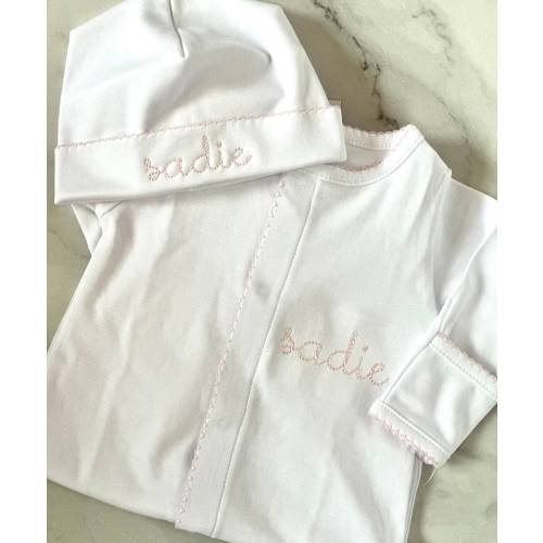 Custom Monogrammed 100% Pima Cotton Newborn Converter Gown Romper or Footie with Hat and Blanket Coming Home Outfit High Quality