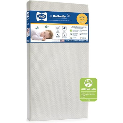Sealy Baby Butterfly Breathable Knit Waterproof Crib Mattress plus Toddler Bed Fit, Premium Foam, Washable Easy to Clean Cover, GREENGUARD Gold Certified, Safety & Quality Tested, Made in USA, 52'X28'