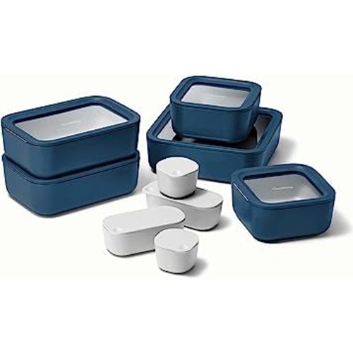 Caraway Glass Food Storage Set, 14 Pieces - Ceramic Coated Food Containers - Easy to Store, Non Toxic Lunch Box Containers with Glass Lids - Includes Storage Organizer & Dot & Dash Inserts - Navy