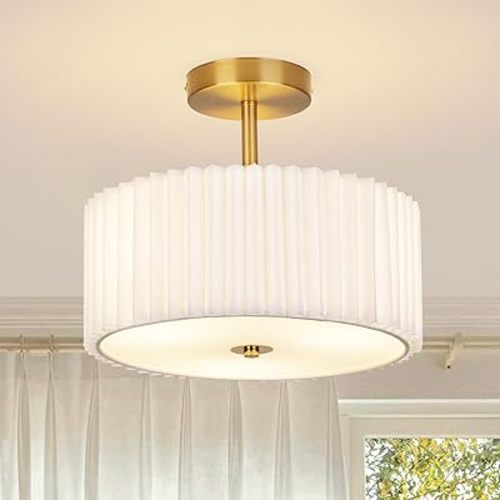 Modern Semi Flush Mount Ceiling Light with Pleated Fabric Shade, 12.5” Drum Gold Light Fixture with Lights, Warm White Linen Lamp for Bedroom, Living Room, Dining Room, Hallway, Kids Room