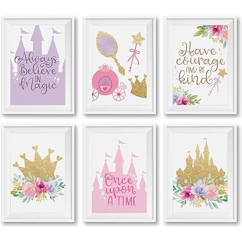 Hadley Designs 6 Princess Room Decor – Princess Wall Art Posters for Nursery & Bathroom, Unframed Magical Room Decor Prints for Toddler & Girls' Bedroom